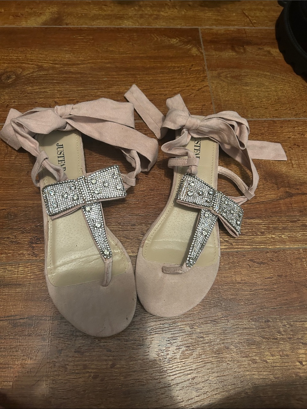 JustFab Blush Suede T-Strap Sandals with Crystal Bow Accent